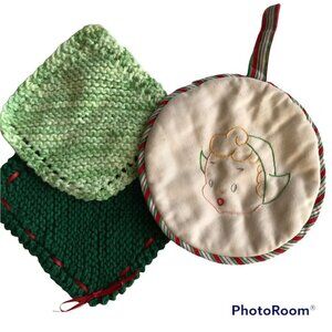 Lot of 3 Vintage Christmas Embroidered and Hand Knit Pot Holders